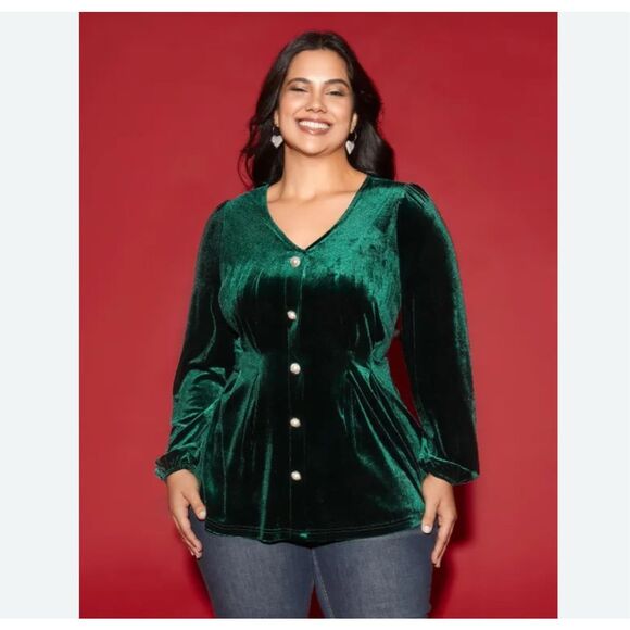 NWT Bloomchic Dark Green Velvet Top Jacket Holiday Women’s 6X 30 Plus Blouse - Picture 1 of 12